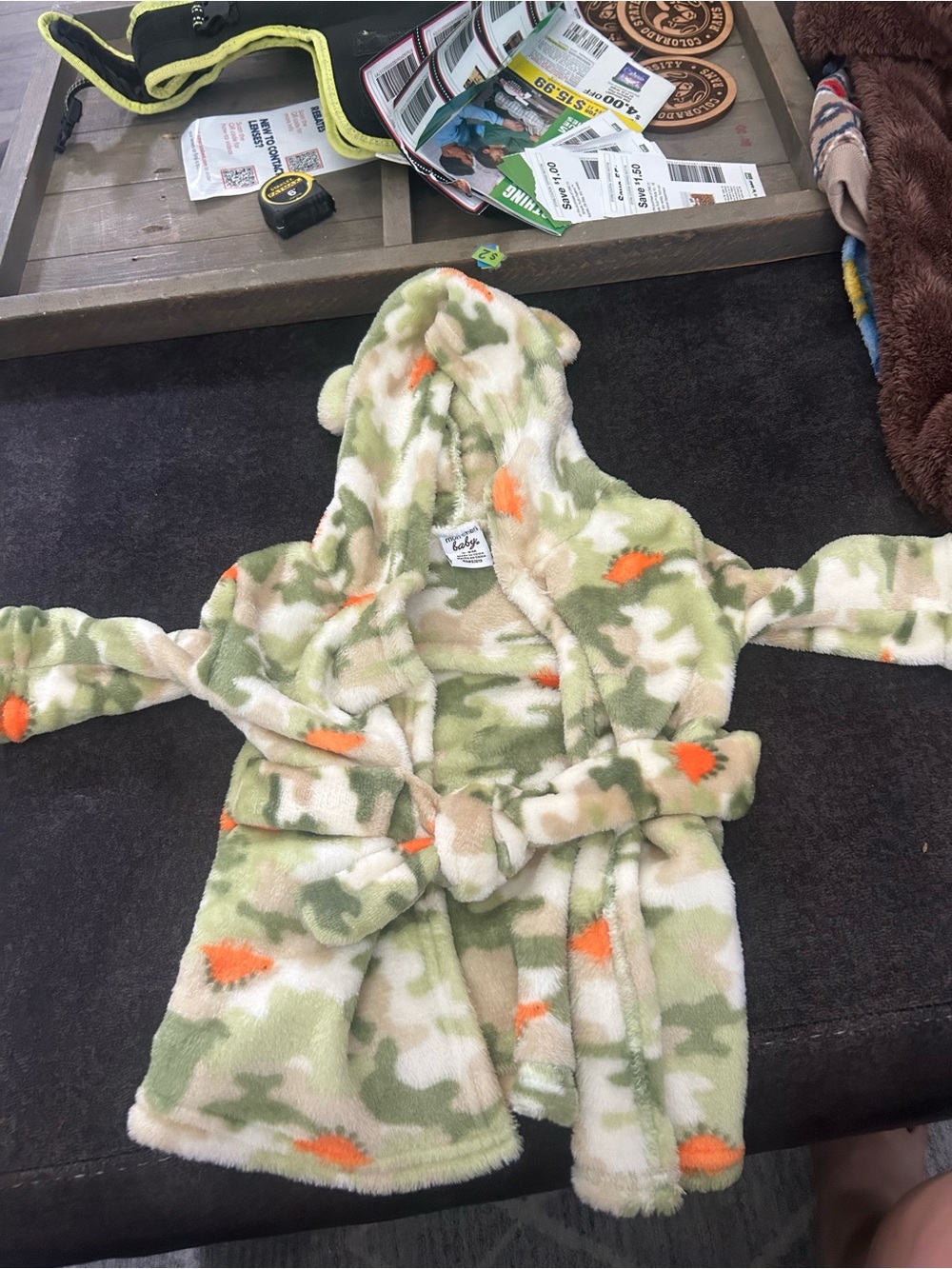 Plush Hooded Infant Pajama Robe in Green Camo with Orange Accents